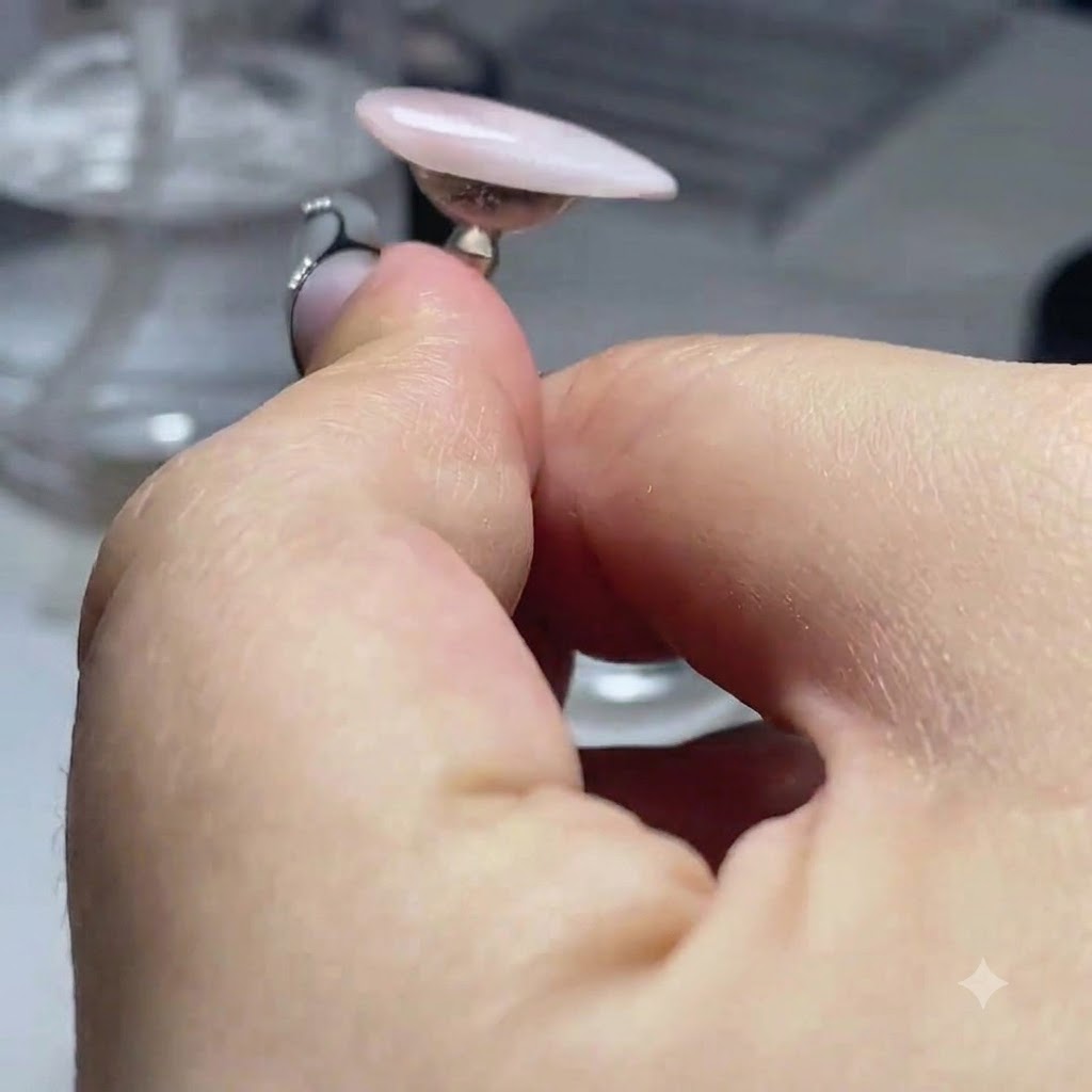 Une couche façonnée de gel soft candy transparent reposant en douceur sur un ongle dentraînement fixé sur un support.