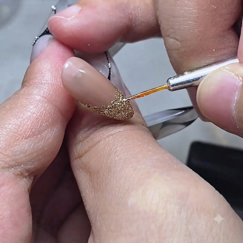 Une fine mèche de cheveux tenue près dun outil pour ongles pour une application détaillée de nail art.