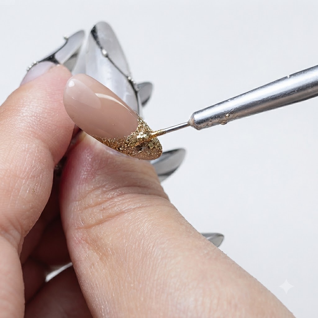 Un outil pressant une ligne fine dans du gel souple sur un ongle pour créer un motif de grille.