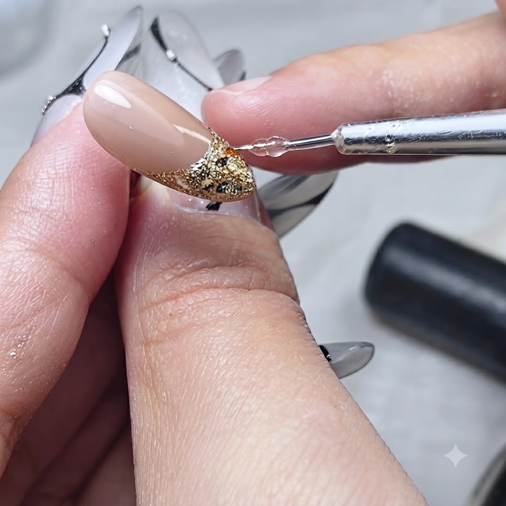 Un doigt touchant légèrement le côté dun ongle avec de lalcool pour lisser et ajuster la forme.