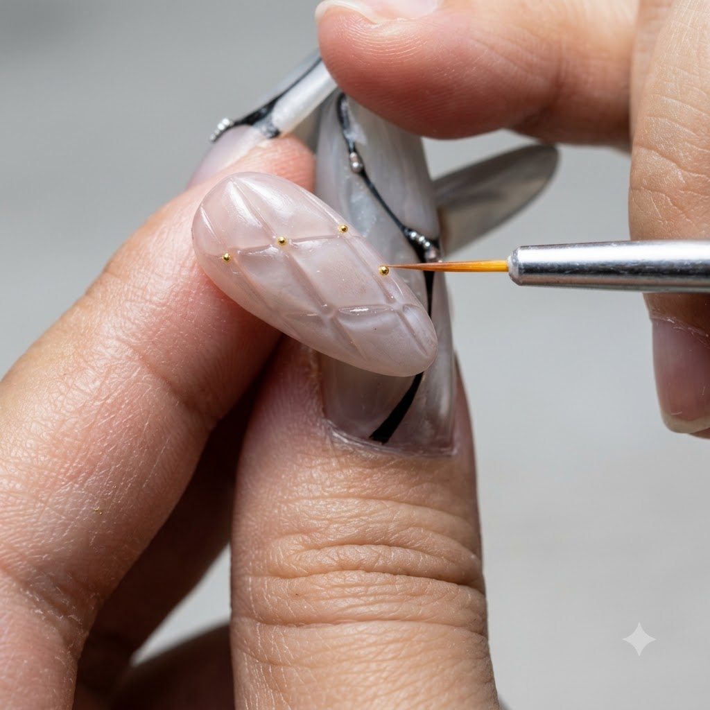 Vue détaillée dun pinceau fin traçant le bord net dun ongle French tip.