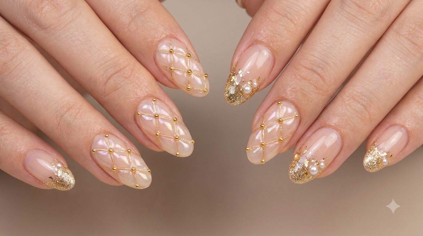 Ongles Effet Matelassé et French Pailletée Dorée — Tutoriel Étape par Étape