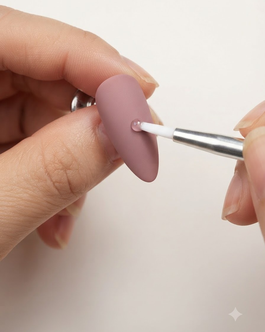 Un pinceau fin appliquant un seul trait blanc en forme de goutte sur un ongle rose mauve mat.