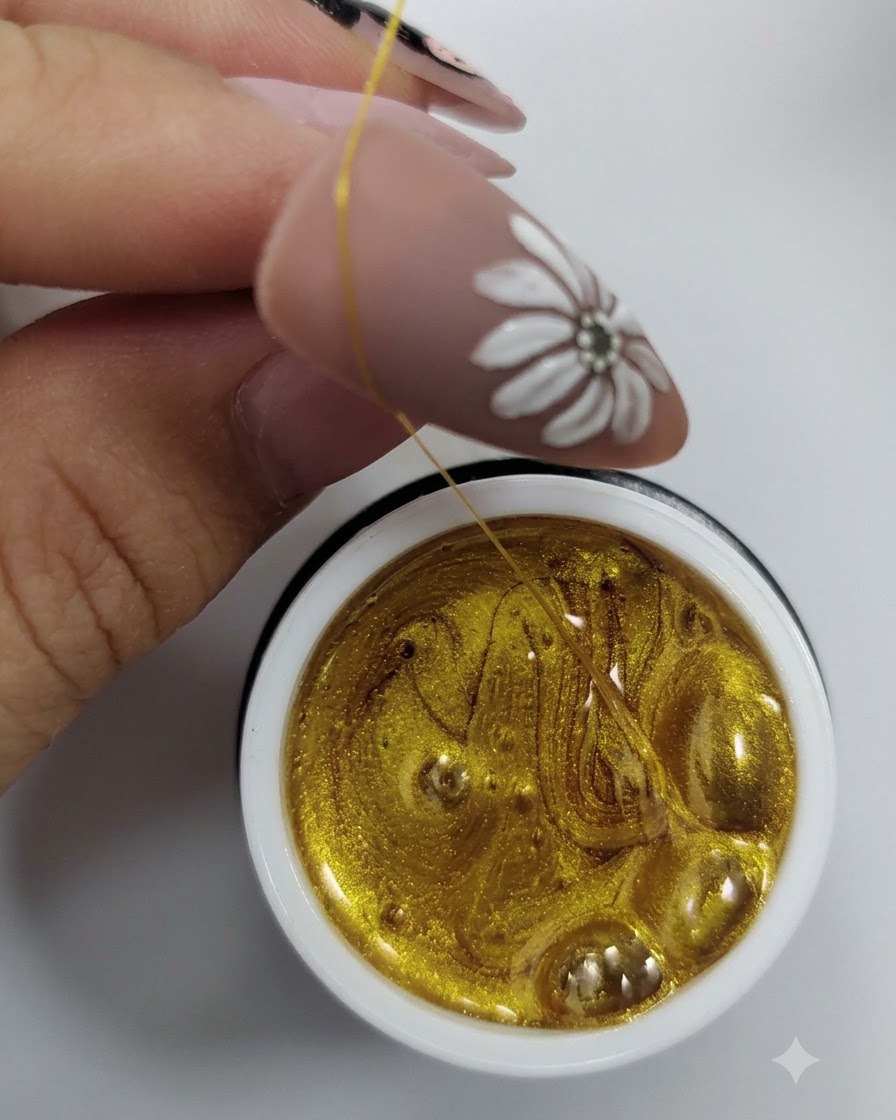 Un pinceau fin tirant un fin fil de gel doré à travers un ongle de couleur nude doté dun design de marguerite blanche.