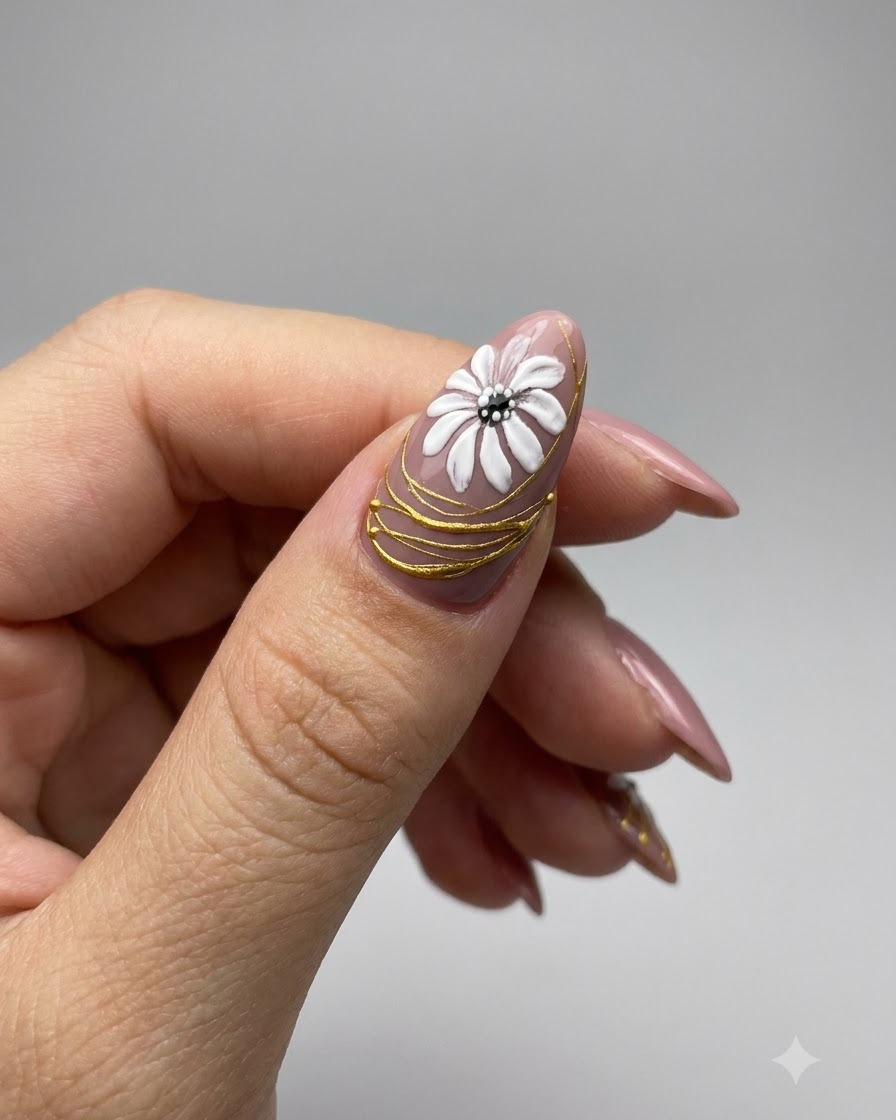 Gros plan dun ongle manucuré montrant une écriture blanche stylisée peinte sur de délicates lignes en gel doré.