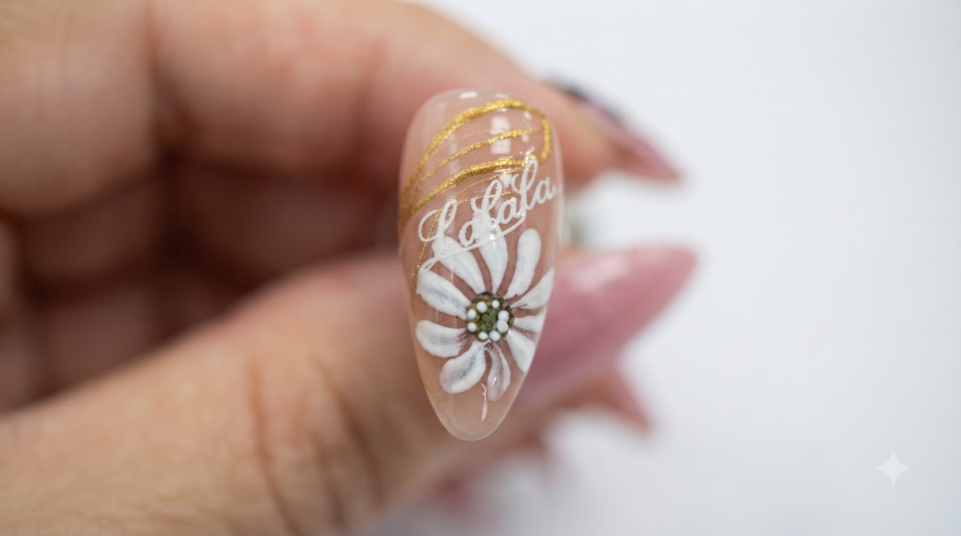 Art Ongulaire Marguerites et Calligraphie Dorée — Tutoriel Pas à Pas