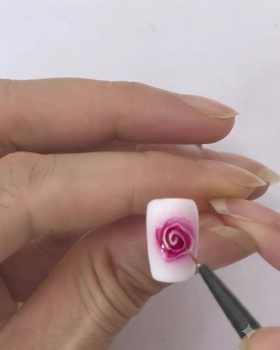 Vue rapprochée dun ongle montrant du gel rouge et blanc sétalant en un motif de rose doux sur une base humide.