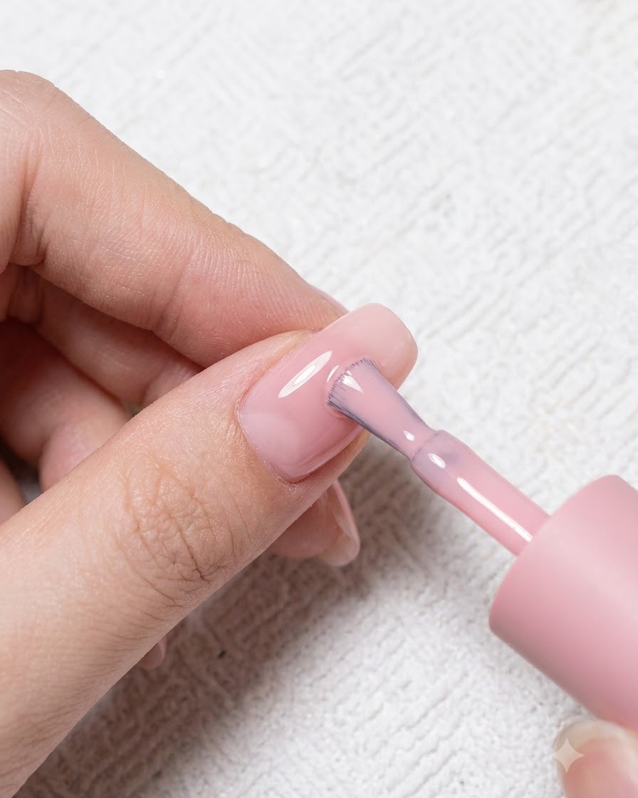 Un pinceau à ongles appliquant un gel polish rose nude clair sur un ongle naturel.