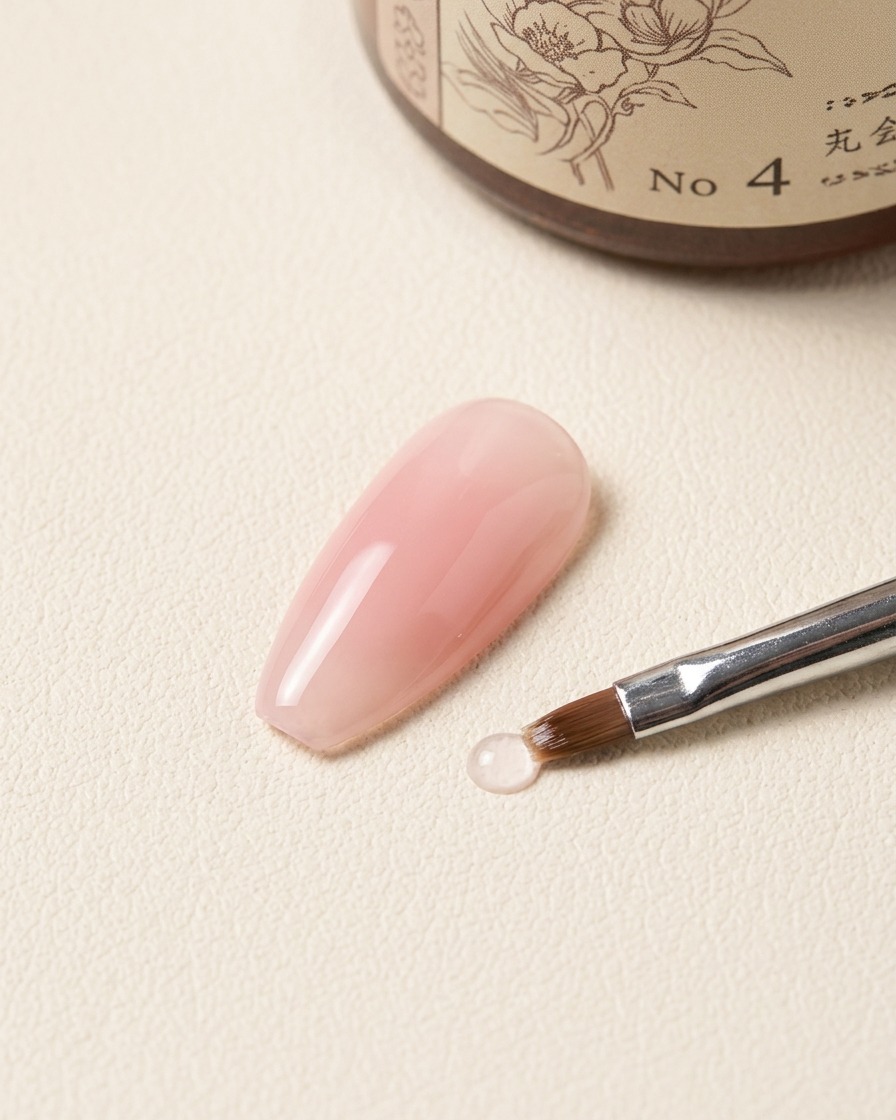 Un pinceau de nail art posé près dune goutte de blooming gel transparent sur un fond texturé à côté dun flacon étiqueté No 4.