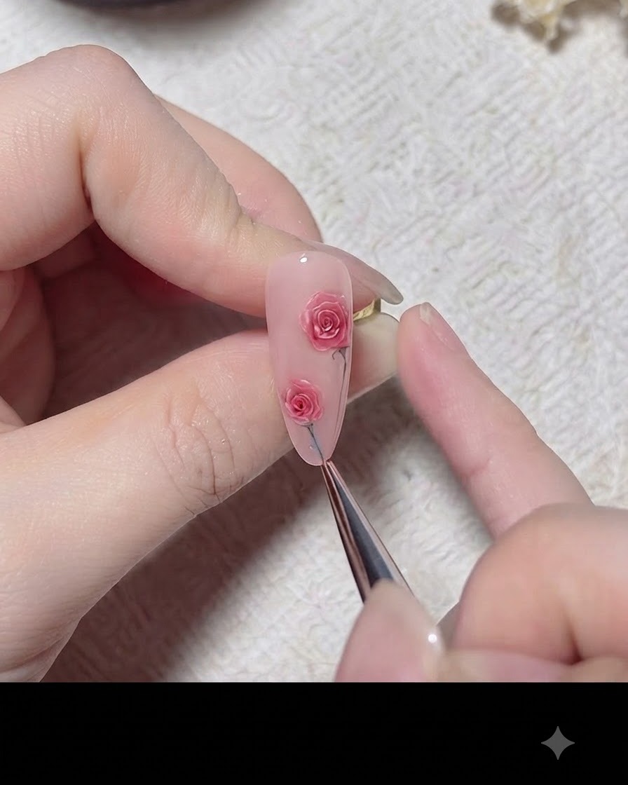 Un pinceau fin peignant une fine tige verte et une feuille reliant lart de la rose rose sur un ongle.