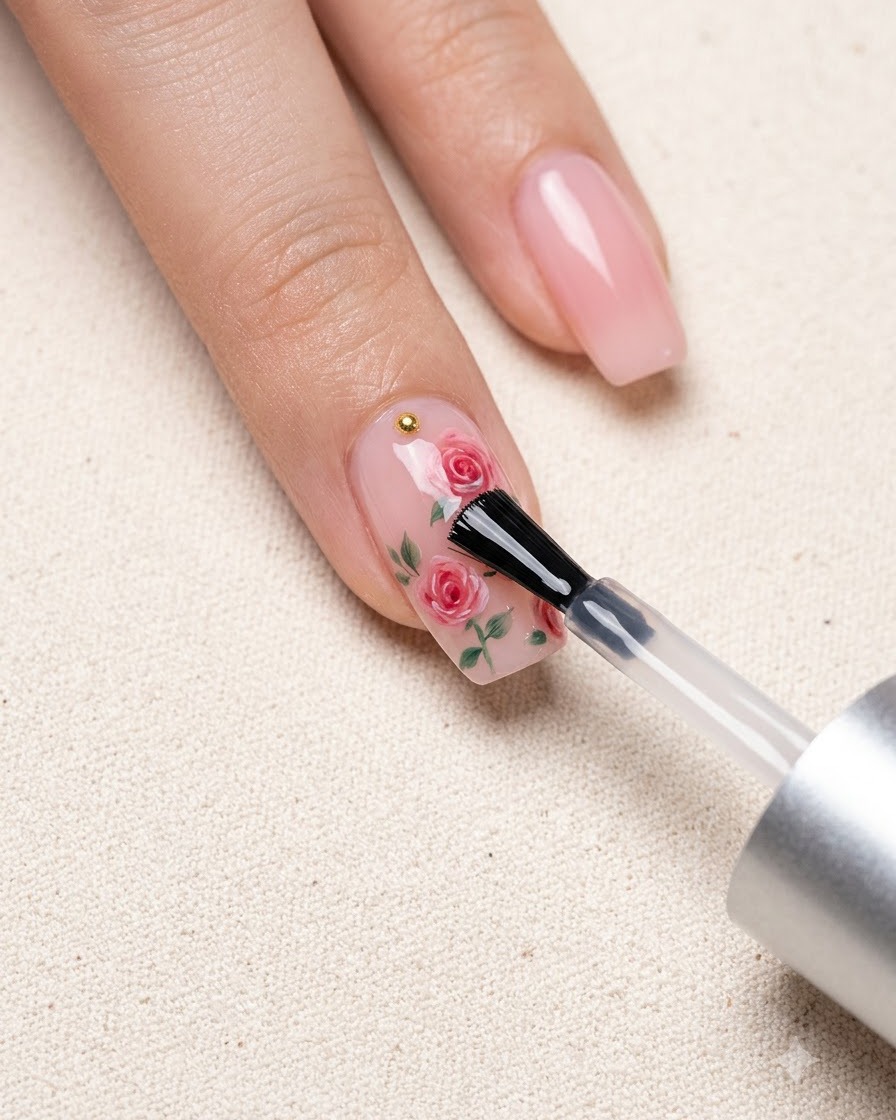 Un pinceau appliquant un top coat transparent sur un design de nail art floral.