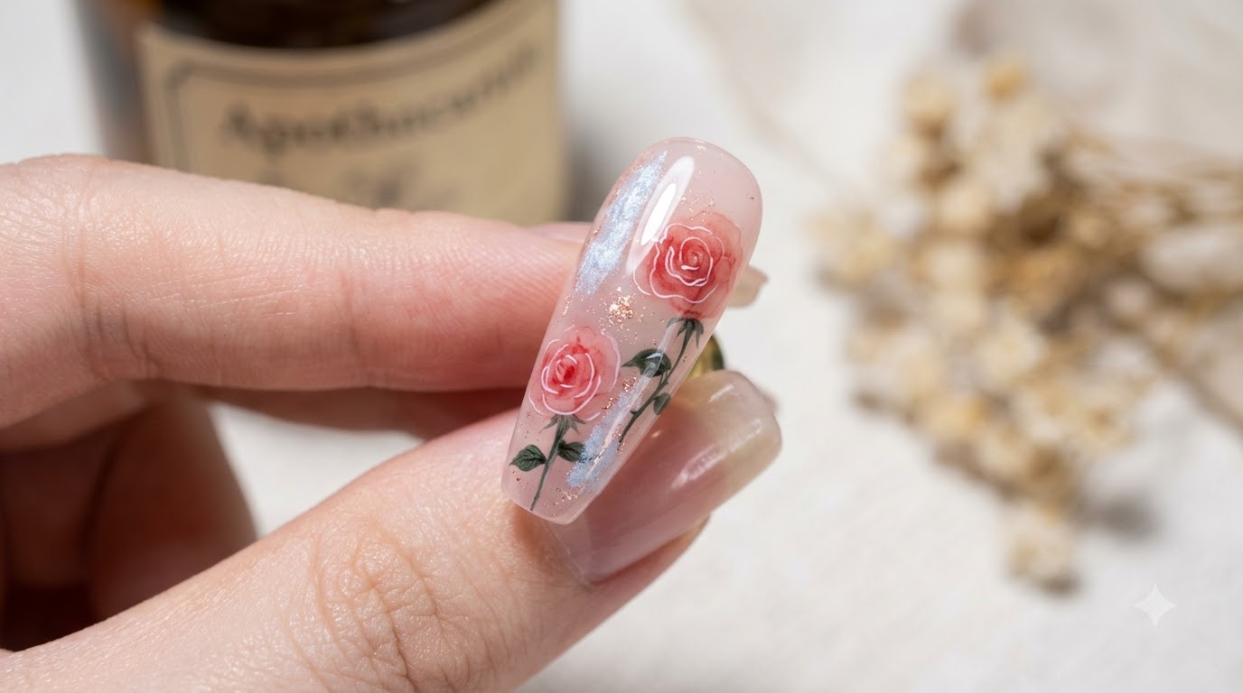 Nail Art Rose Aquarelle Nuage — Tutoriel Étape par Étape