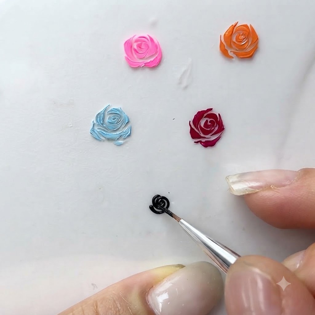Gros plan sur un pinceau fin ajoutant des traits incurvés amples autour dune rose miniature en gel.