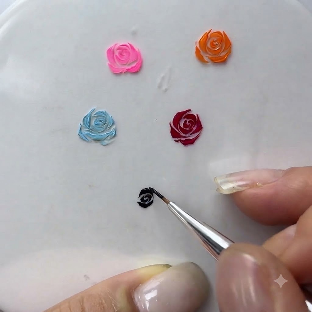 Image rapprochée montrant un pinceau fin remplissant les petits espaces entre les pétales de gel peints.
