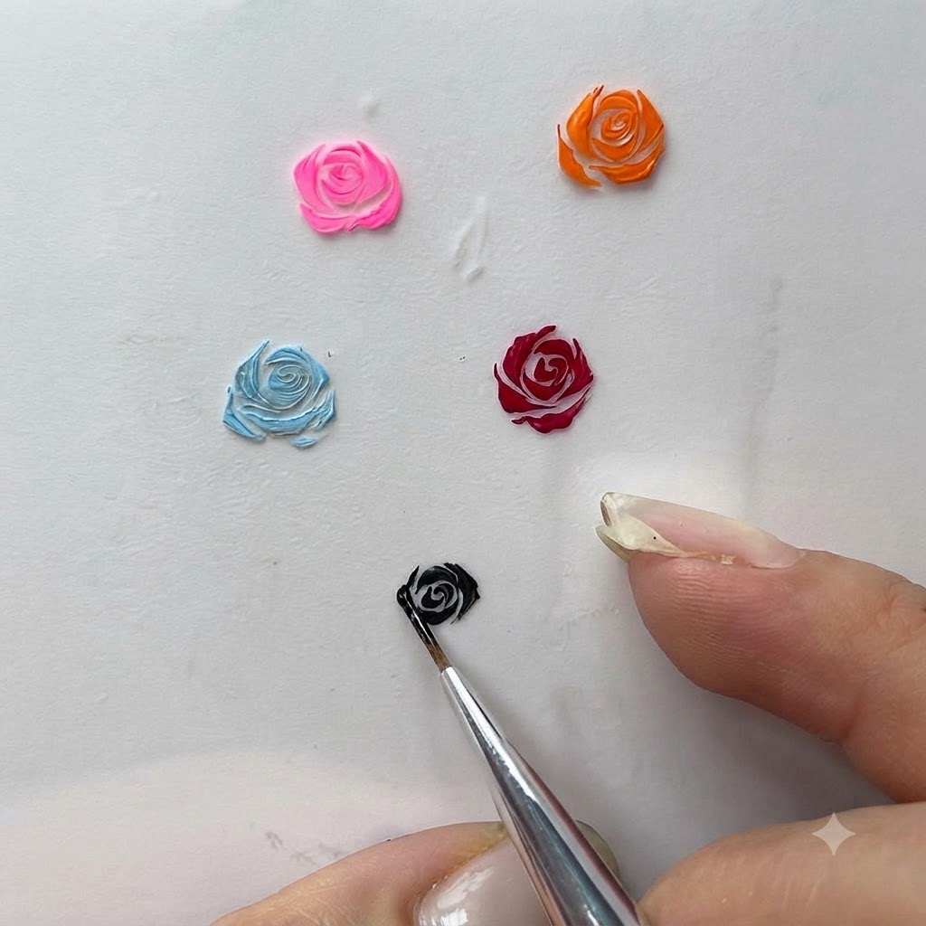 Gros plan sur un pinceau liner raffinant méticuleusement les bords extérieurs dun motif de rose en gel peint.