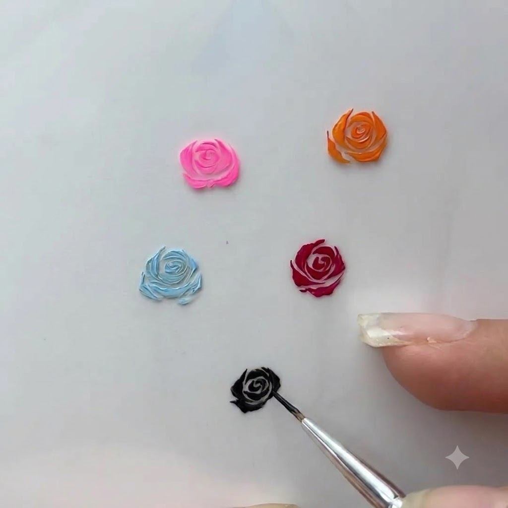 Un pinceau de détail fin pour le nail art dessinant les traits sombres de la spirale intérieure sur un petit modèle de rose en gel peint.