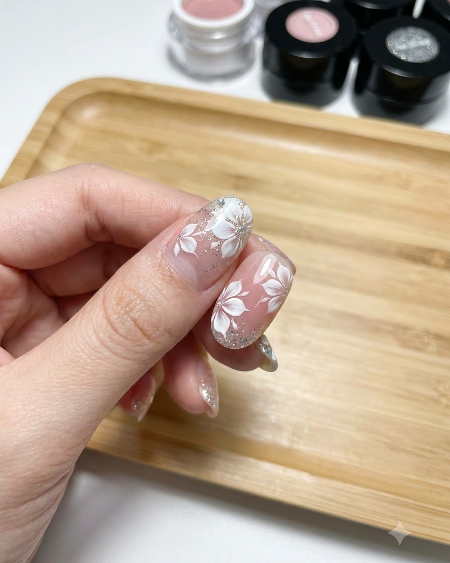 Un pinceau de détail fin appliquant de petits points blancs au centre des fleurs blanches peintes sur un ongle en gel naturel.