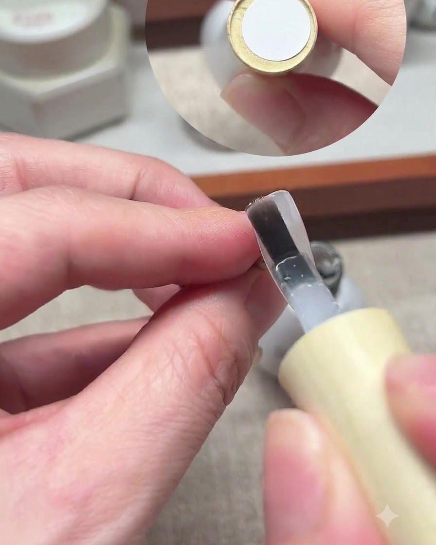 Un outil à pointer tenant une goutte de gel rouge au-dessus dun ongle.