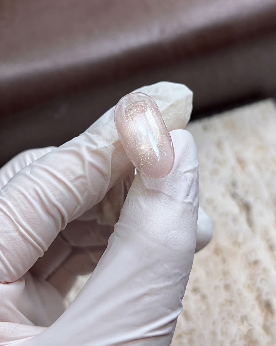 Une main gantée appliquant une couche épaisse de top coat mat sur un ongle scintillant effet œil de chat.