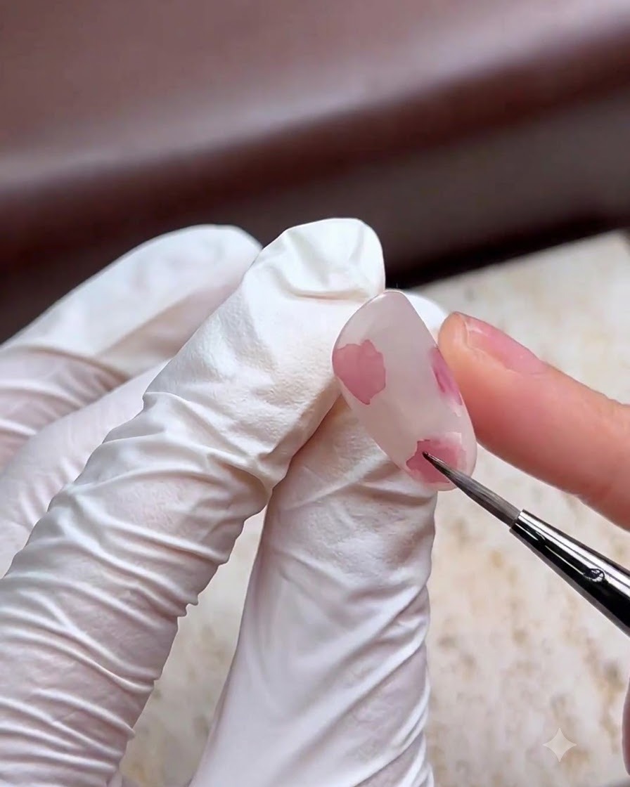 Un pinceau fin déposant du pigment aquarelle rose sur un ongle pour créer des blocs de couleur doux.