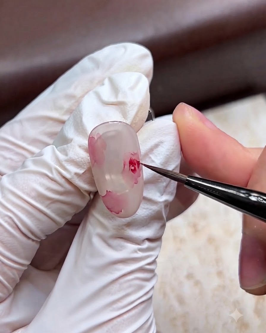 Gros plan dune main gantée utilisant un pinceau fin pour peindre des pétales de rose rose sur un ongle blanc translucide.