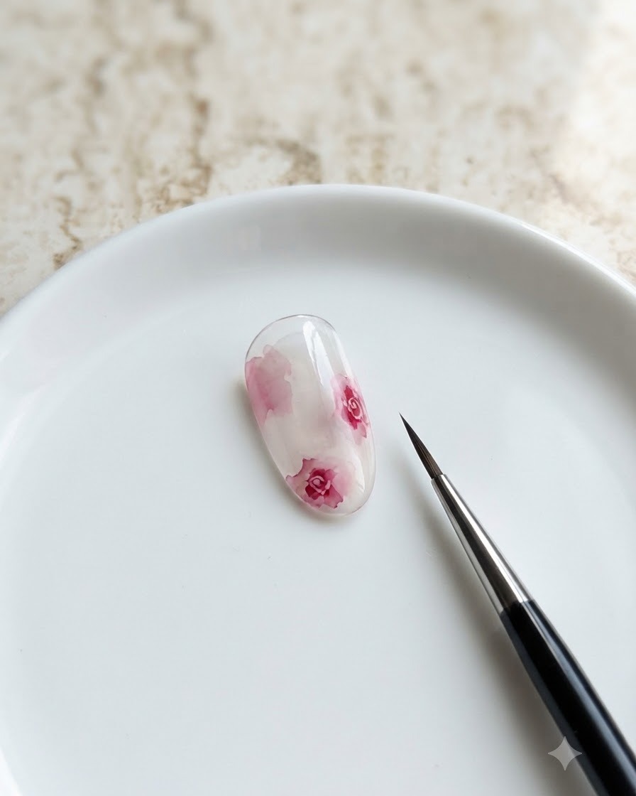 Un seul ongle en forme damande posé sur une surface blanche, présentant plusieurs fleurs de rose aquarelle.