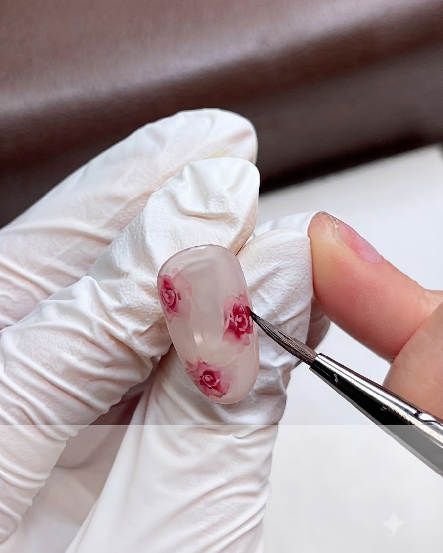 Une main gantée estompant délicatement les bords dune rose aquarelle rose sur un ongle en gel à laide dun pinceau fin.