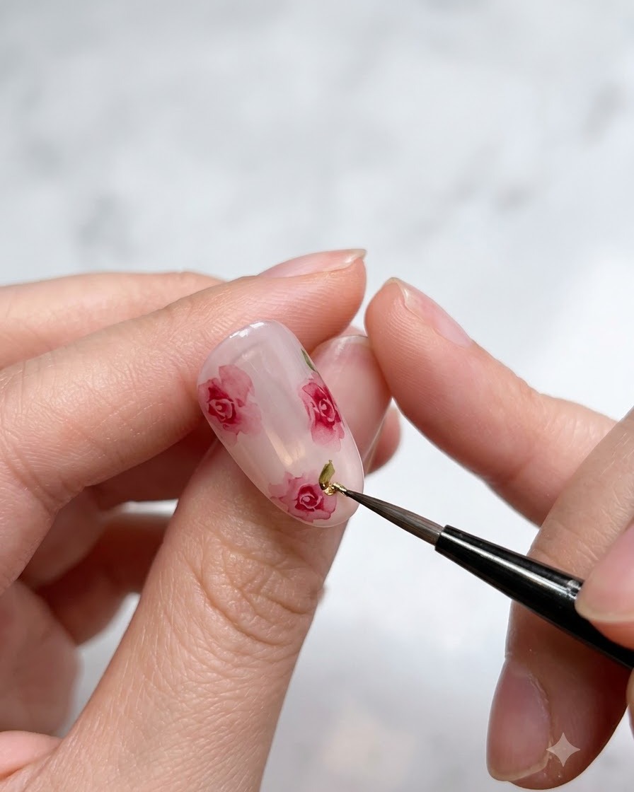 Vue rapprochée dune main peignant de minuscules détails de feuilles vertes à côté de roses aquarelle sur un ongle.