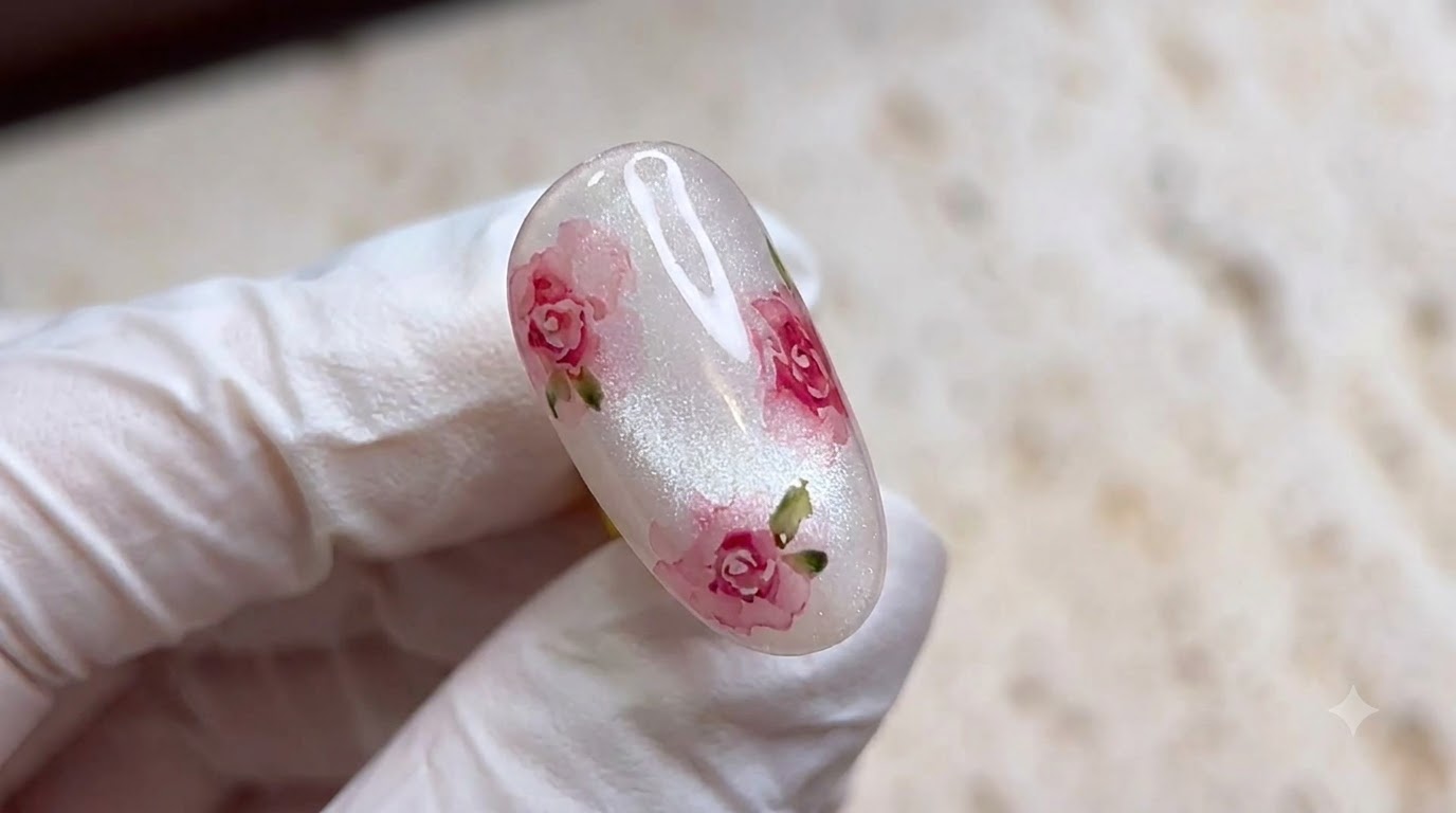 Tutoriel de Nail Art Roses Aquarelle — Design Délicat en Œil de Chat Perle de Verre