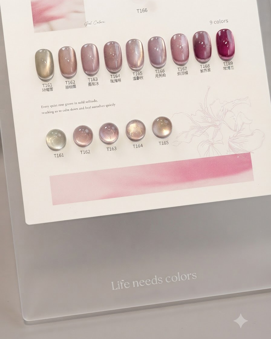 Une carte de présentation montrant divers échantillons de couleur de vernis gel, y compris la teinte 164 de la collection Chantilly Rose.
