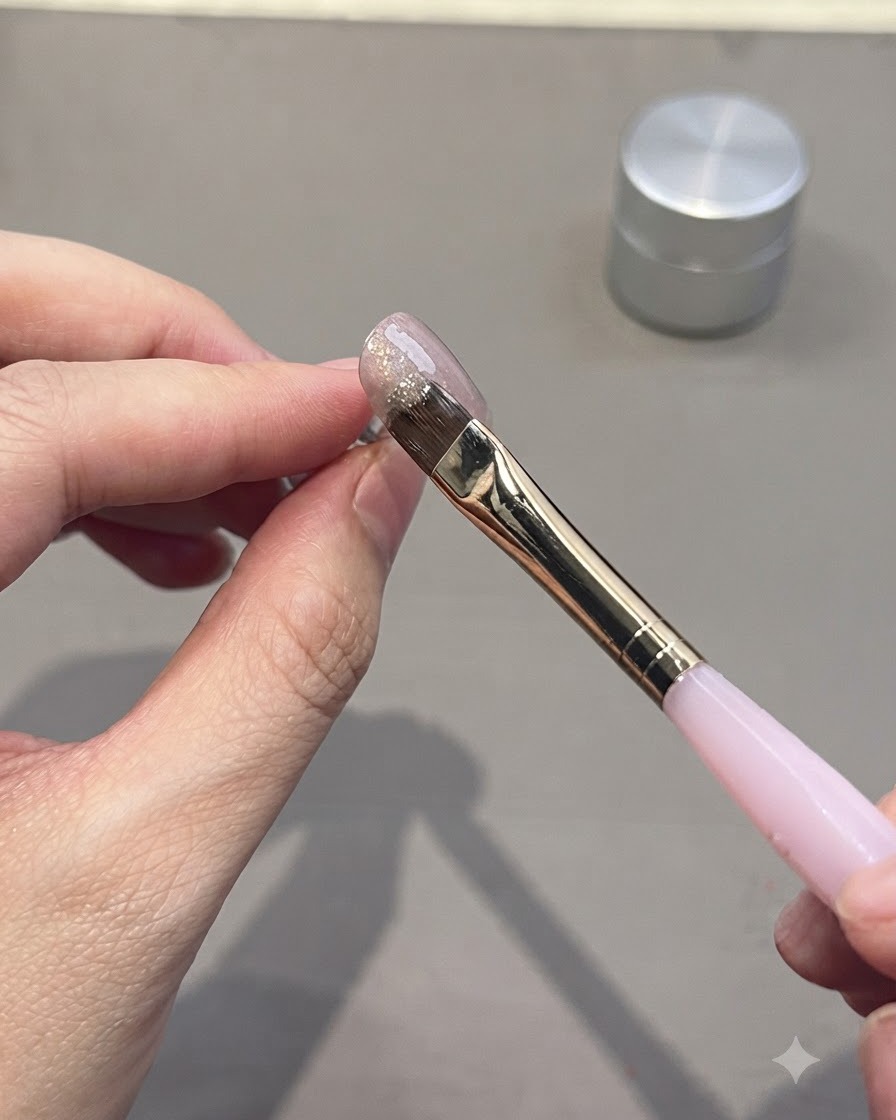 Un pinceau de nail art appliquant une couche lisse de gel sur un faux ongle.