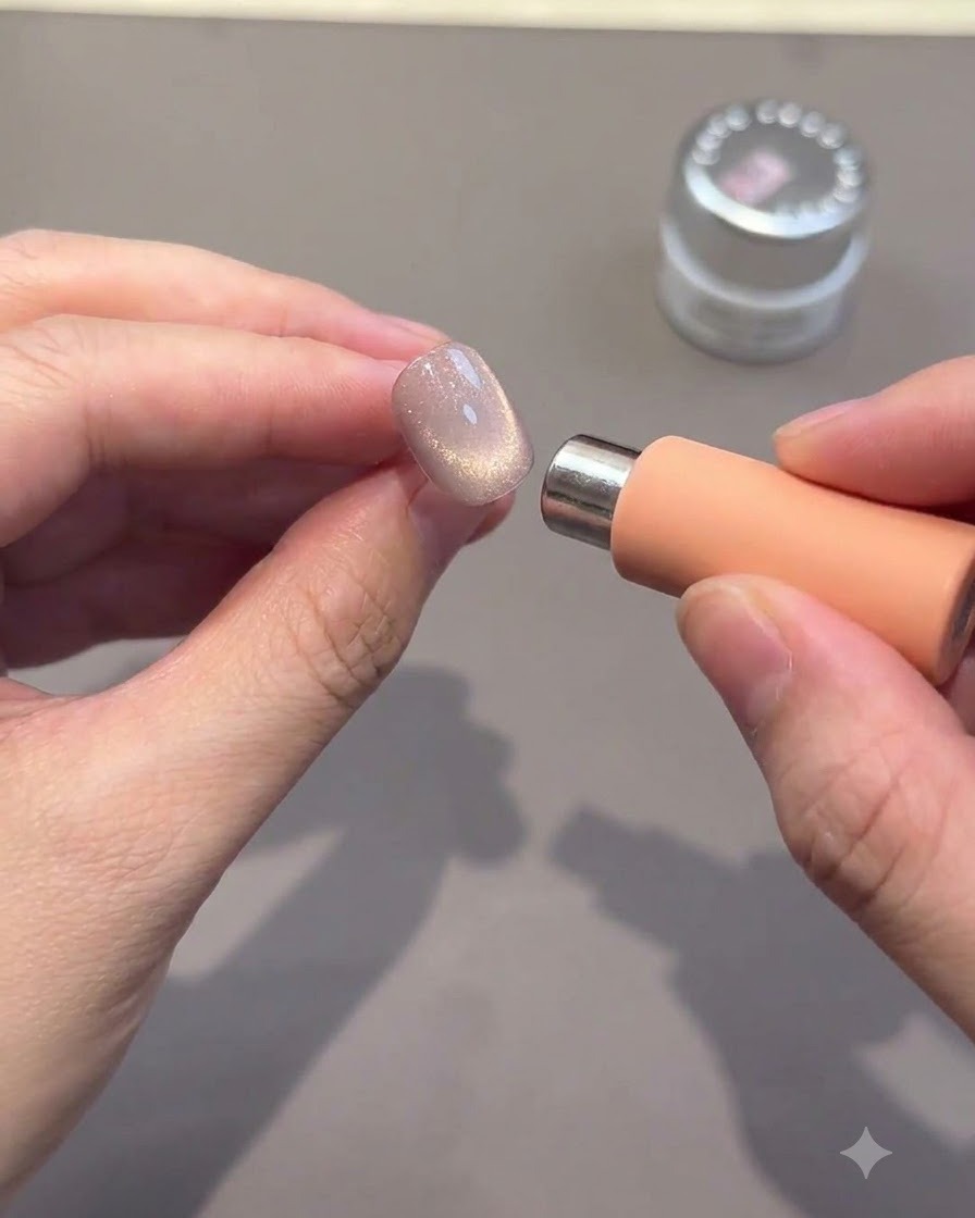 Un outil magnétique tenu près dun bout dongle brillant pour concentrer le reflet de la lumière.