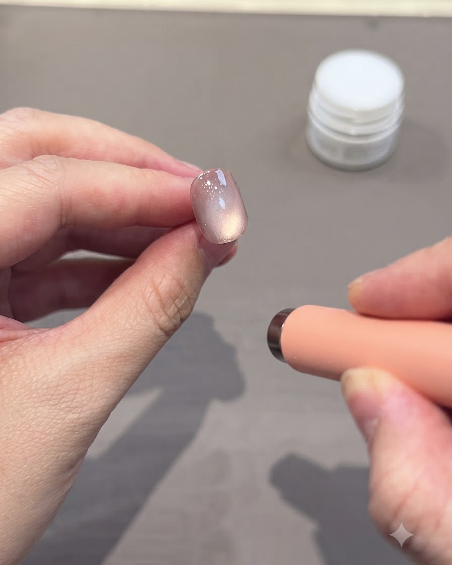 Une lampe UV/LED catalysant la deuxième couche de gel sur un faux ongle.