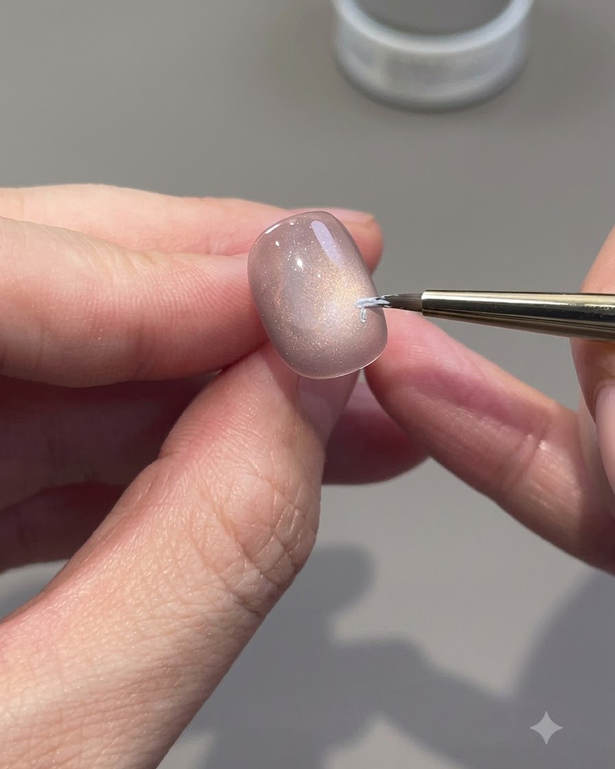 Un pinceau traceur fin dessinant des contours de roses blanches sur un ongle en gel œil-de-chat.