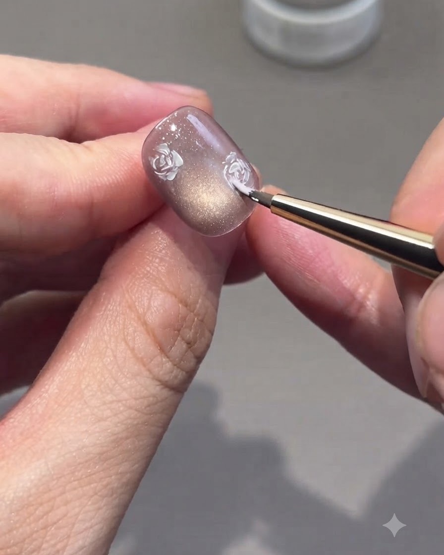 Un pinceau fin remplissant les contours des roses avec des nuances de gel rose sur un ongle.