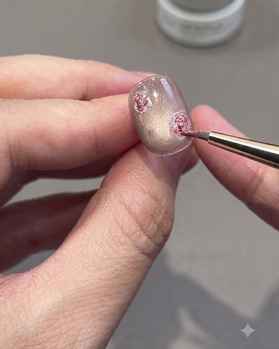 Un pinceau de détail fin ajoutant de petites feuilles vertes autour des roses peintes.