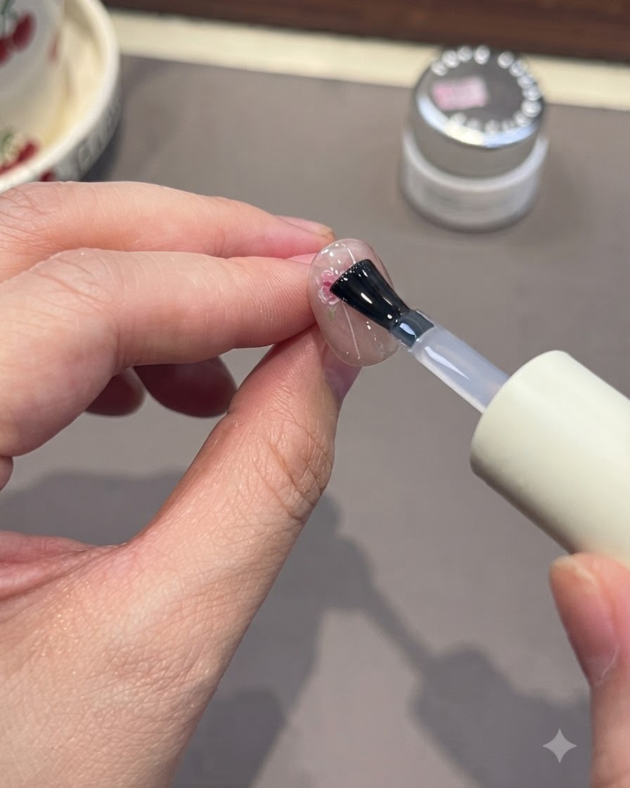 Un pinceau à ongles appliquant un top coat transparent sur un ongle avec un art de roses roses peintes.