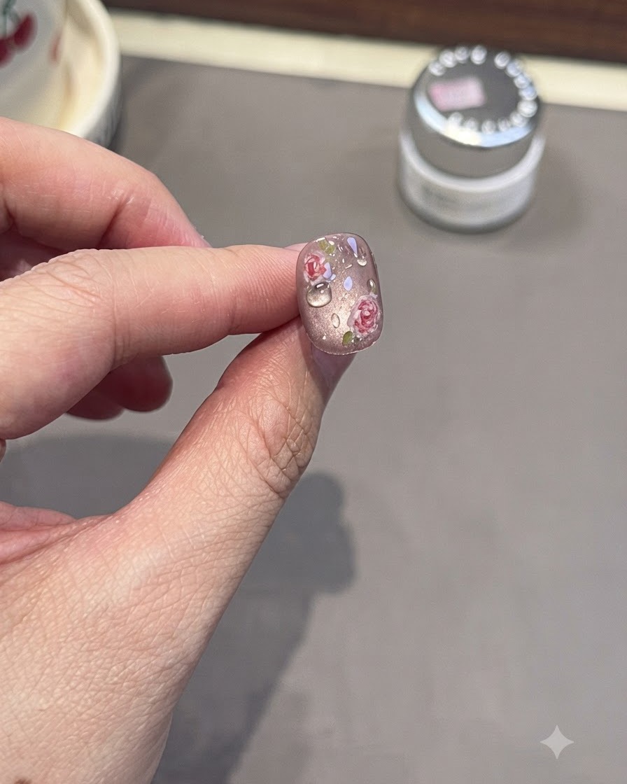 Un ongle fini présentant des effets de gouttes de rosée 3D sur un design floral.
