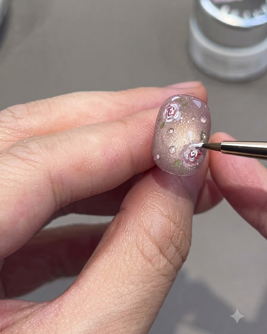 Un pinceau de détail fin peignant de délicates roses blanches sur une surface dongle brillante finie.