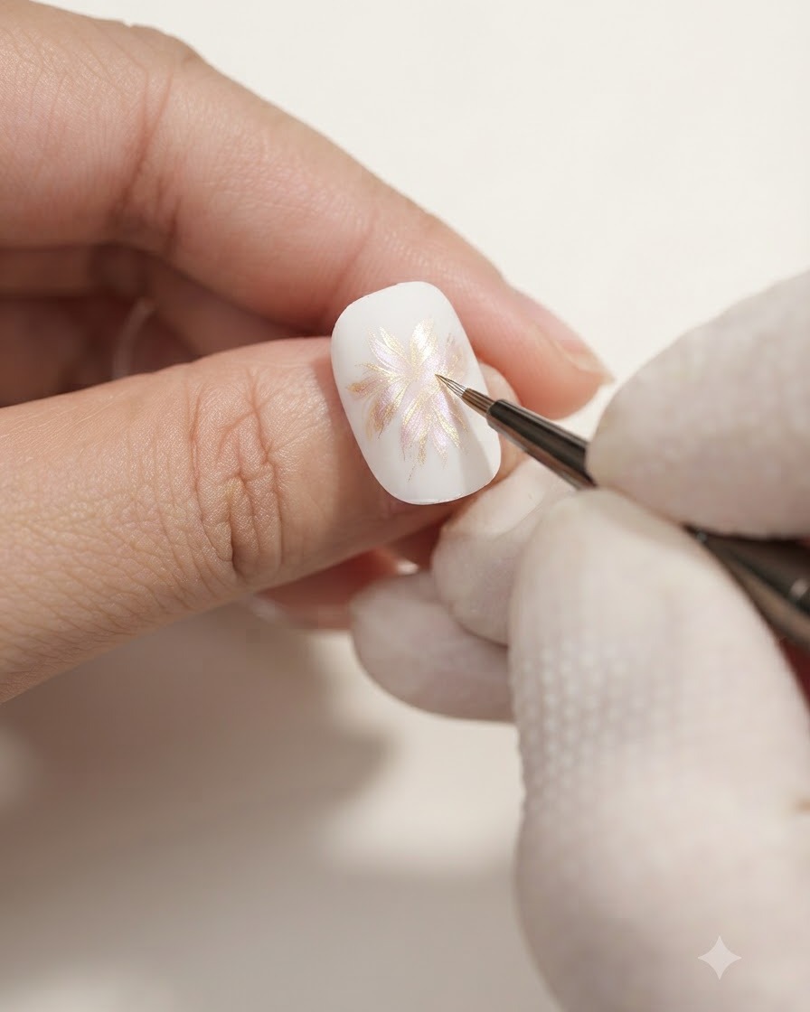 Gros plan dune main utilisant un pinceau fin pour appliquer des traits marron clair et rose sur un ongle blanc afin de former la partie inférieure de lemballage du bouquet.