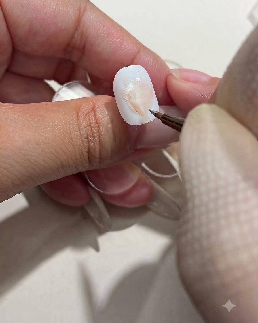 Un pinceau de détail fin appliquant du gel marron sur le motif texturé du papier demballage dun ongle blanc.