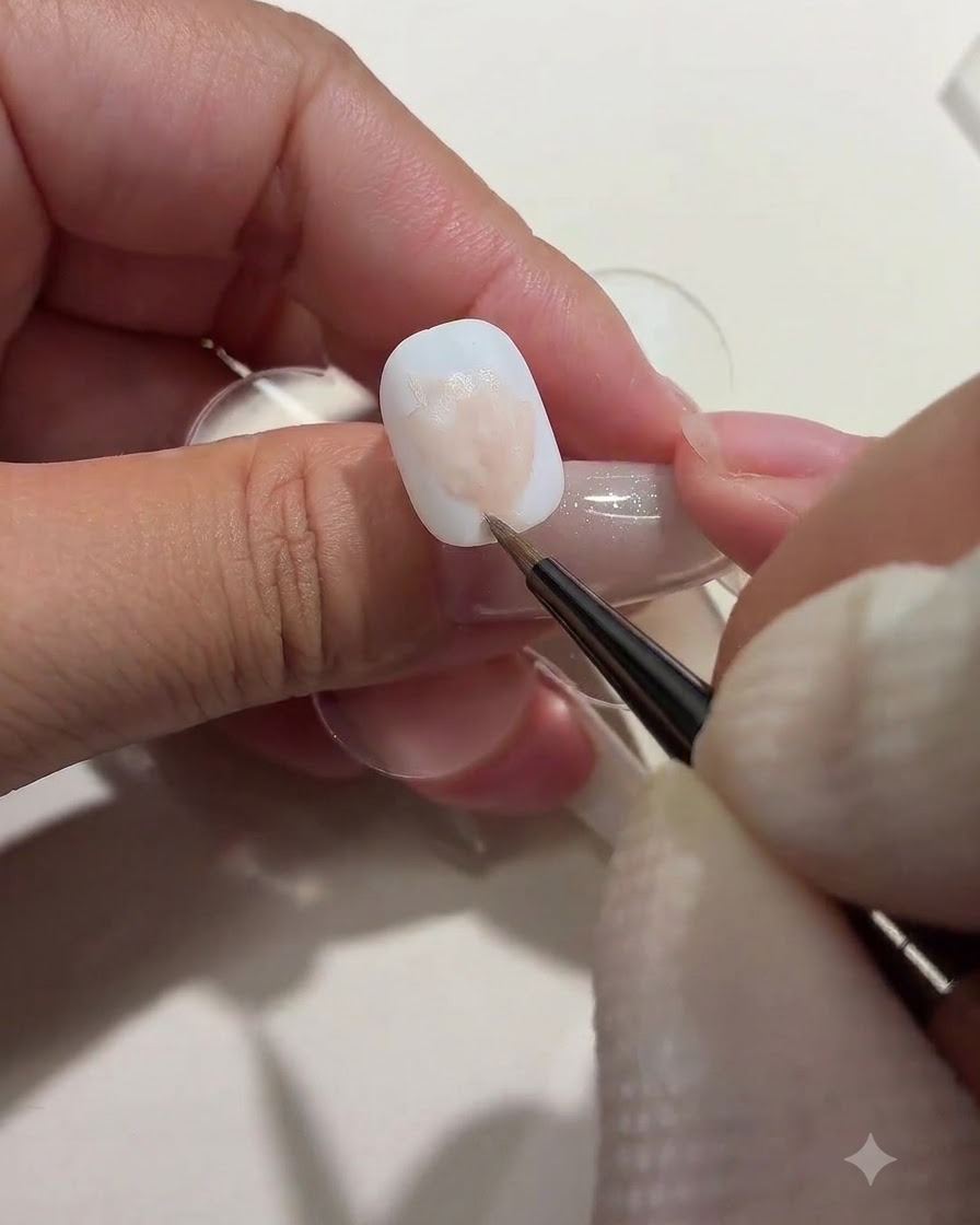 Une prothésiste ongulaire utilisant un pinceau pour déposer de doux blocs de couleur rose représentant des formes de roses non raffinées sur un ongle blanc.