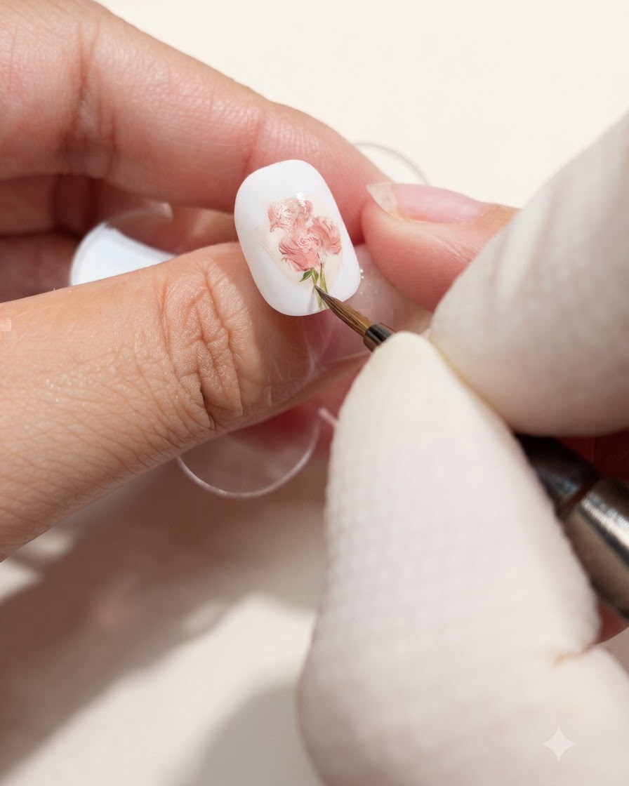 Vue rapprochée dun pinceau fin ajoutant de délicates tiges vertes et des détails de feuilles au bouquet de roses peint sur un ongle blanc.