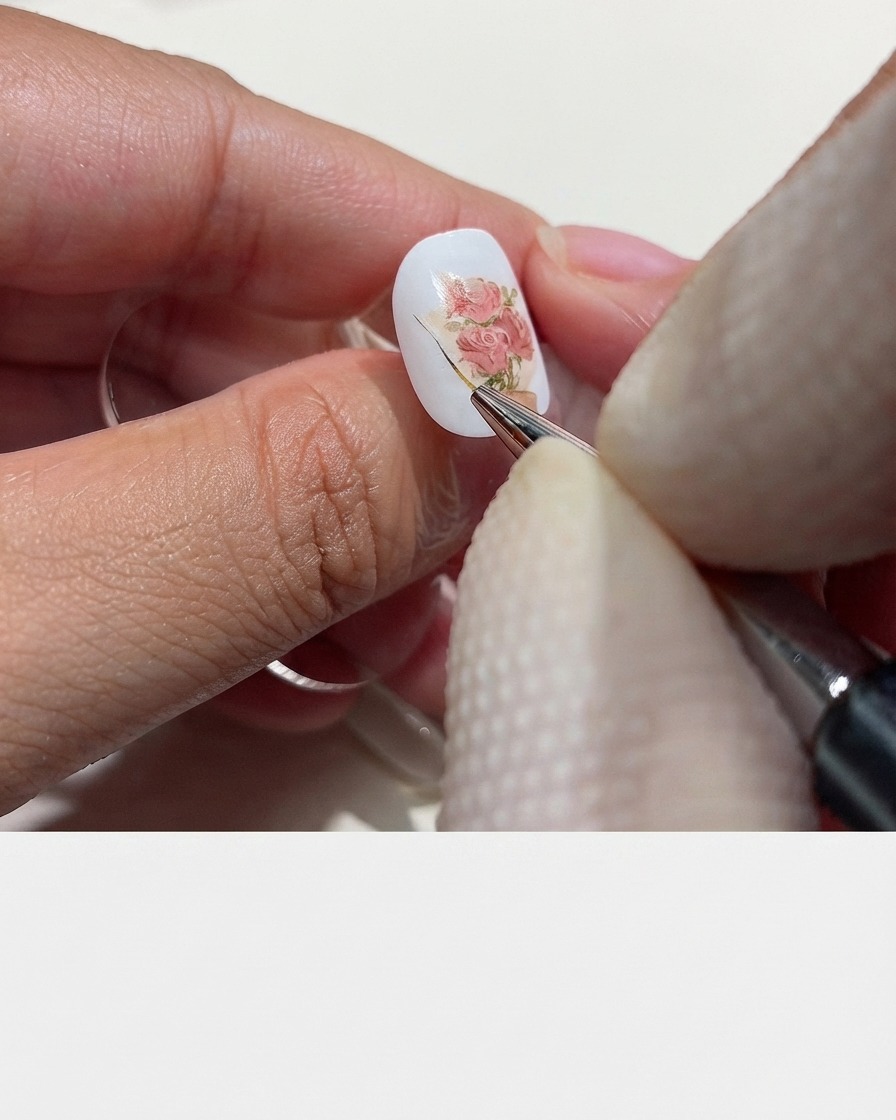 Un pinceau liner fin traçant le contour extérieur du papier demballage du bouquet avec une couleur marron sur une base dongle blanche.