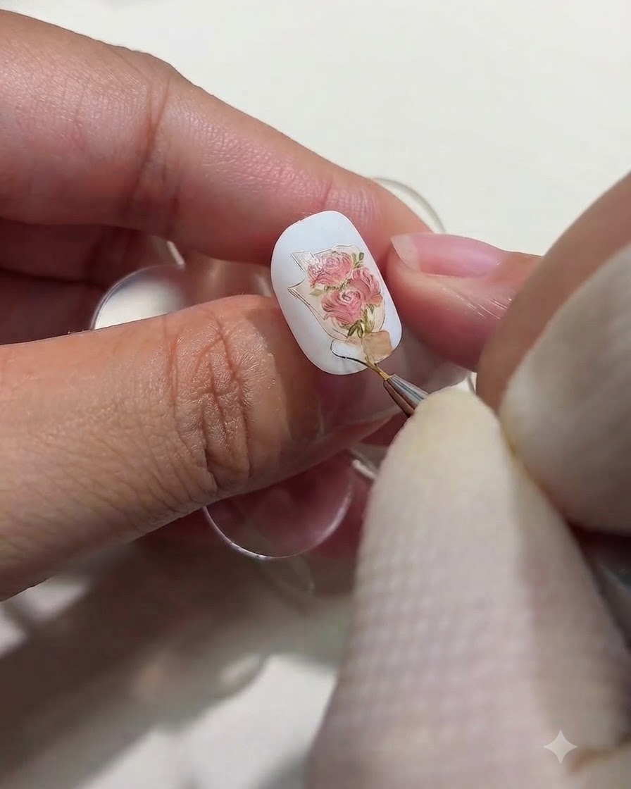 Vue rapprochée dun pinceau de nail art fin peignant un délicat ruban marron à la base dun bouquet de roses peint sur un ongle.