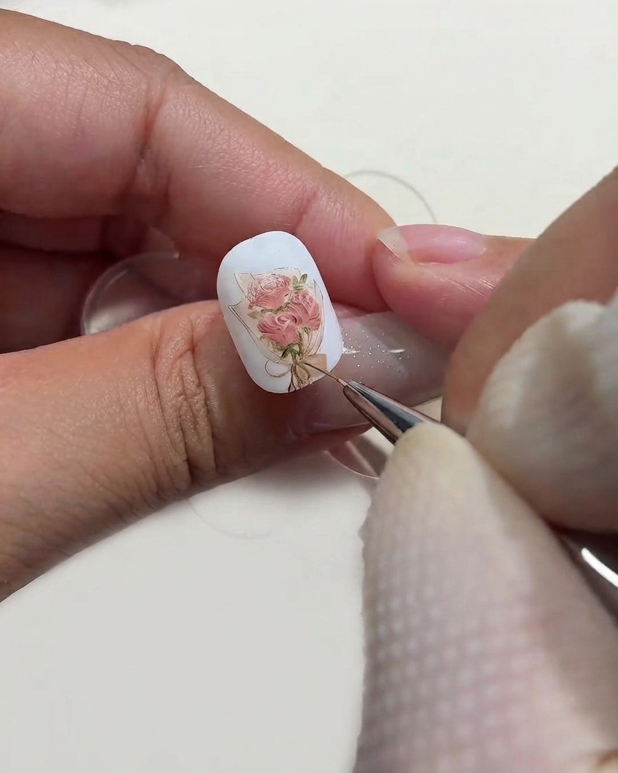 Un pinceau de détail fin appliquant de minuscules points de surbrillance blancs sur les pétales dun design de nail art représentant un bouquet de roses peintes.