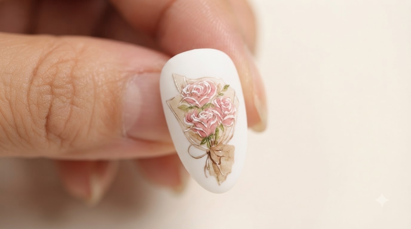 Bouquet de Roses Aquarelle Peint à la Main sur Ongles — Tutoriel Étape par Étape