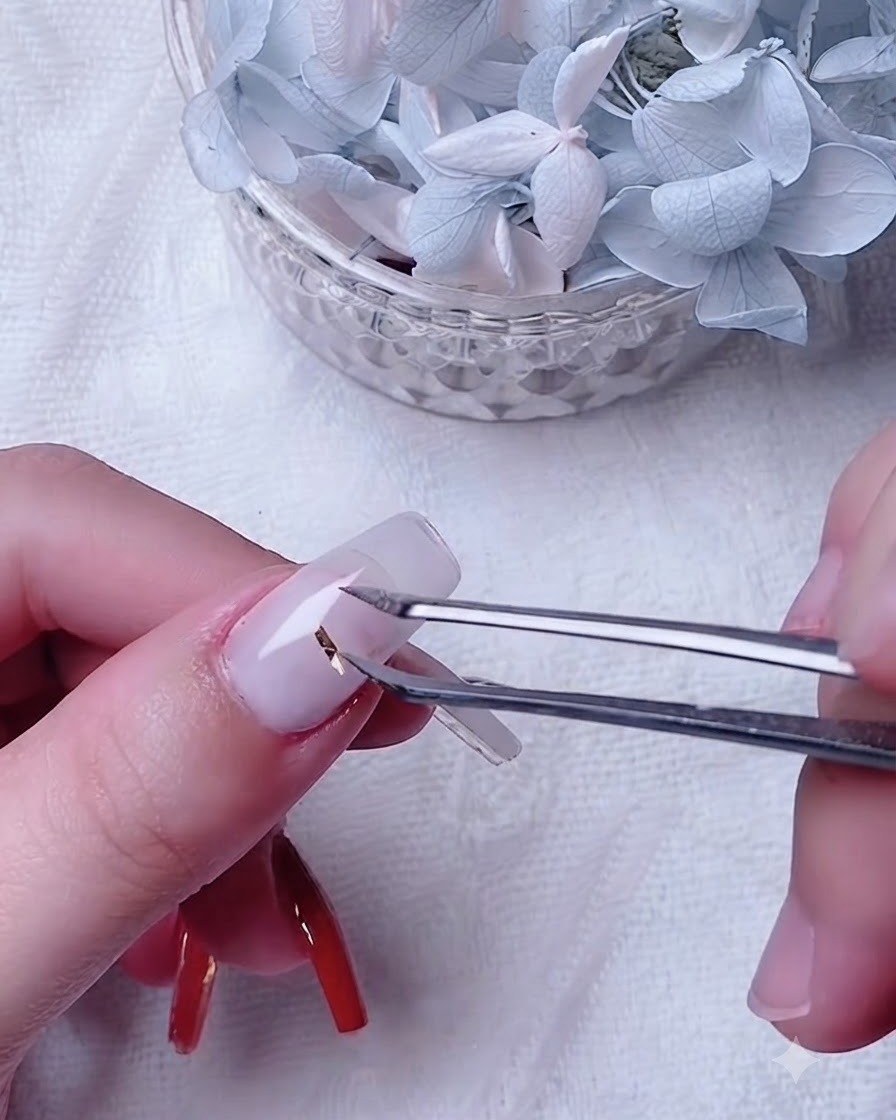 Gros plan dun ongle de pouce recevant une couche uniforme de gel de base blanc laiteux.