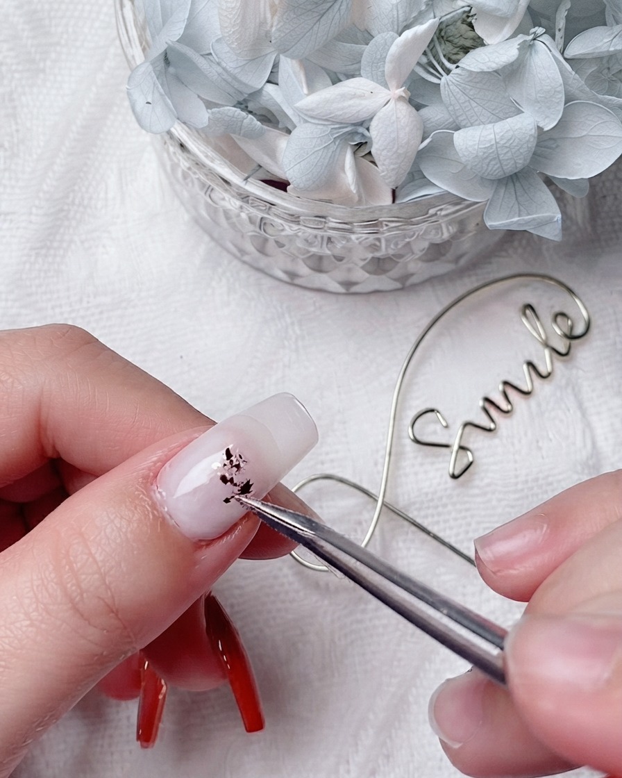 Une paire de pinces métalliques déposant délicatement de minuscules flocons de feuille dor sur un gel de base blanc laiteux dun ongle.