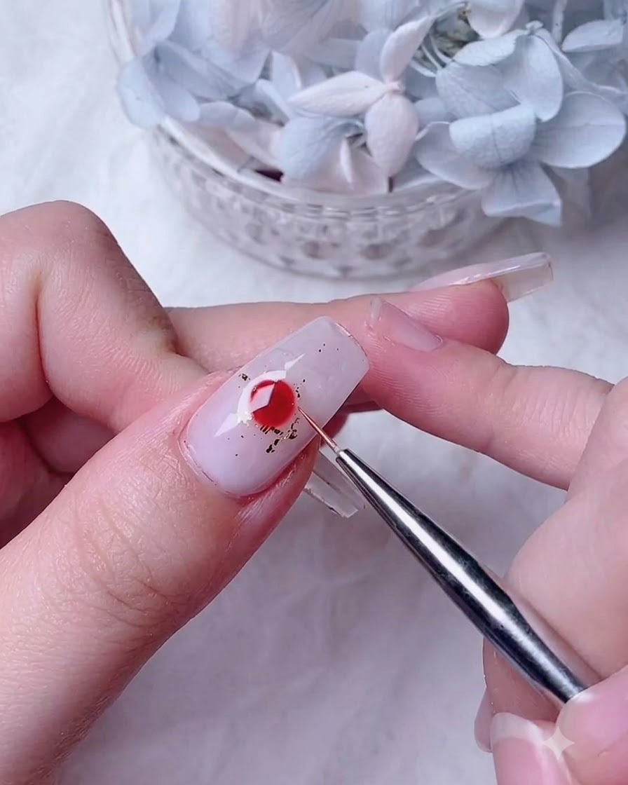 Un pinceau de nail art appliquant une couche transparente de gel blooming sur longle contenant des paillettes de feuille dor.